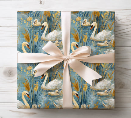 Serene swan lake scene with floral accents, ideal for elegant and peaceful gift wrapping. 