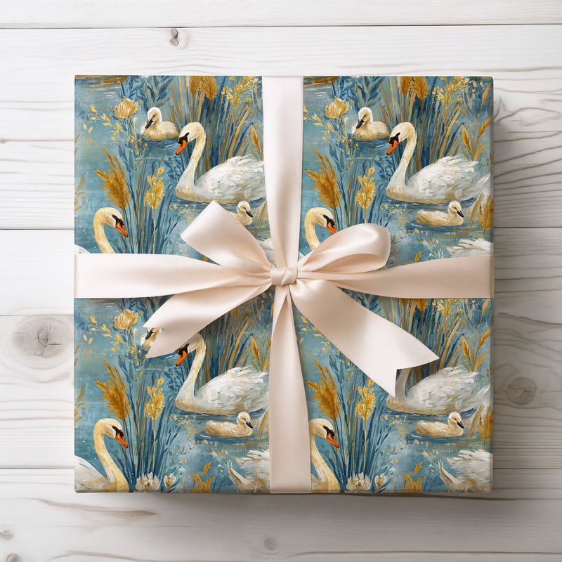 Swan Mirage – Graceful Swan Lake with Flowers Wrapping Paper