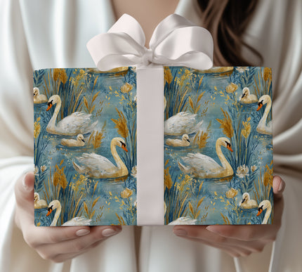 Swan Mirage – Graceful Swan Lake with Flowers Wrapping Paper