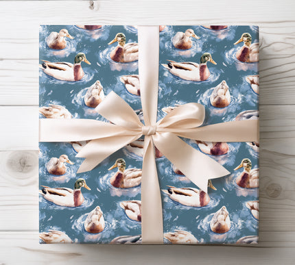 Beautiful watercolor mallard ducks swimming gracefully, perfect for nature-inspired wrapping. 