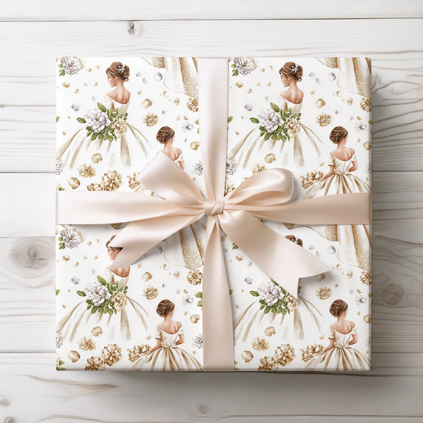 Flora Bride – Elegant brides and golden floral details on a white backdrop Wrapping Paper