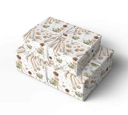 Flora Bride – Elegant brides and golden floral details on a white backdrop Wrapping Paper