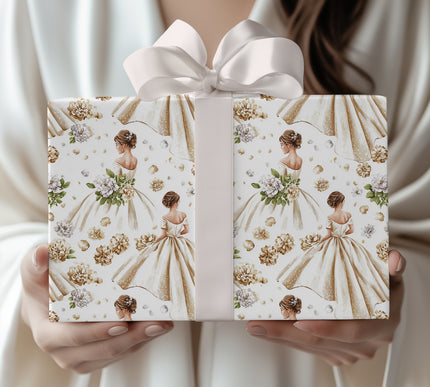 Flora Bride – Elegant brides and golden floral details on a white backdrop Wrapping Paper