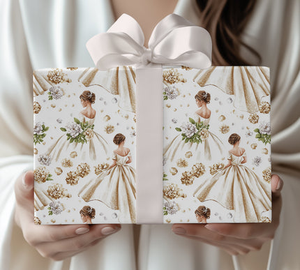 Flora Bride – Elegant brides and golden floral details on a white backdrop Wrapping Paper