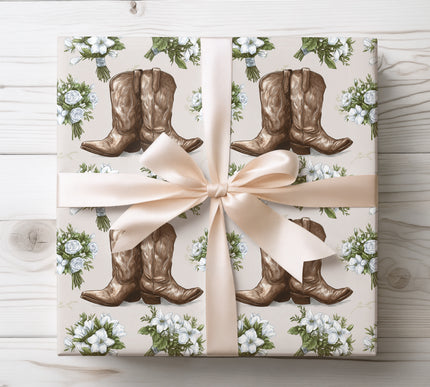 Rustic cowboy boots and wedding bouquet pattern for charming country wedding gift wrap. 