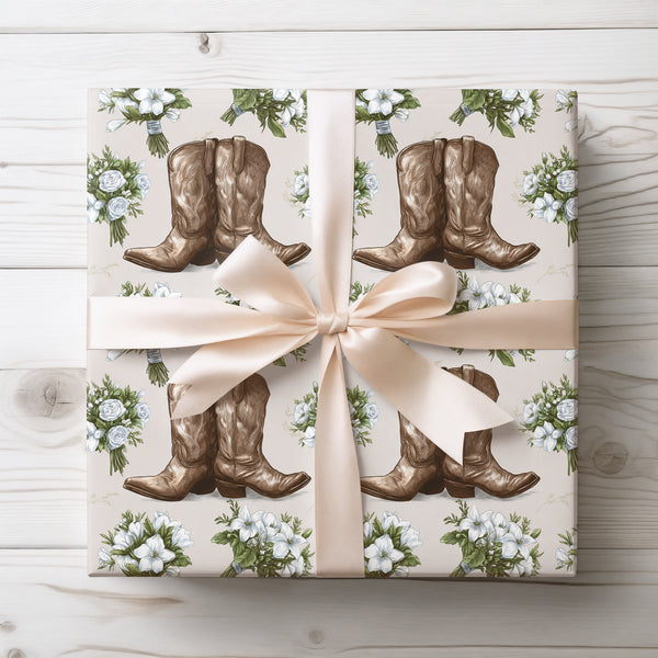 Broncelyn Thornhide – Brown cowboy boots and wedding bouquet seamless pattern wrapping paper