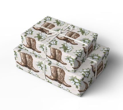 Broncelyn Thornhide – Brown cowboy boots and wedding bouquet seamless pattern wrapping paper