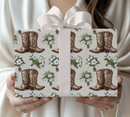 Broncelyn Thornhide – Brown cowboy boots and wedding bouquet seamless pattern wrapping paper