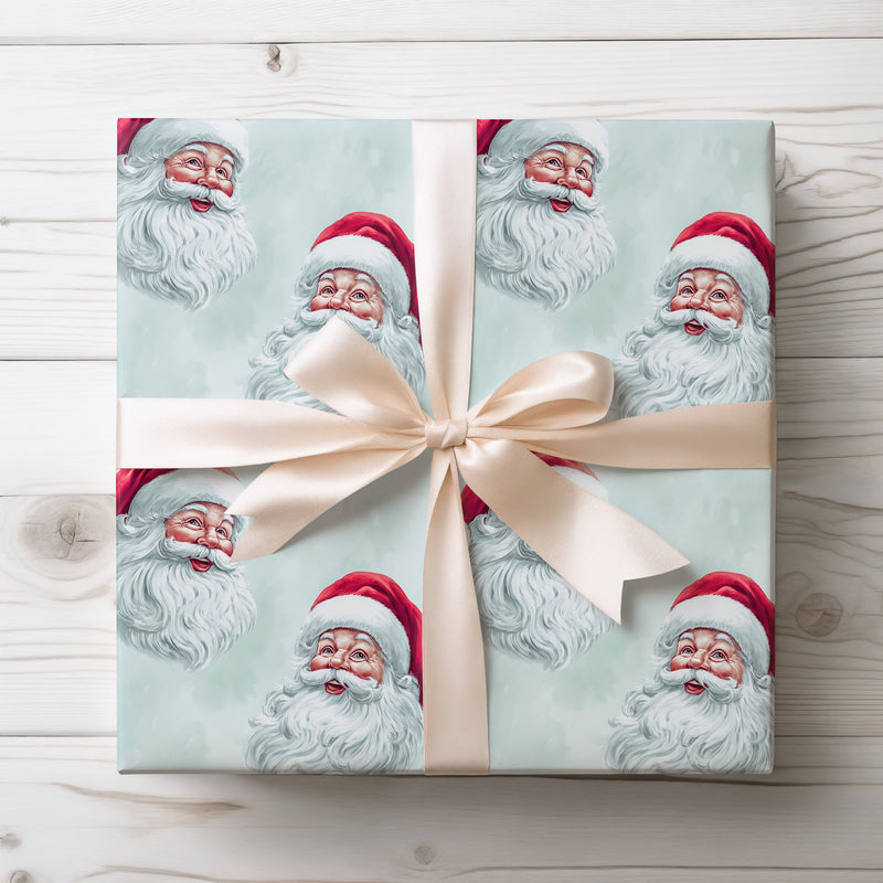 Cringlethorn Frostbeard – Classic vintage Santa head on icy blue watercolor background wrapping paper