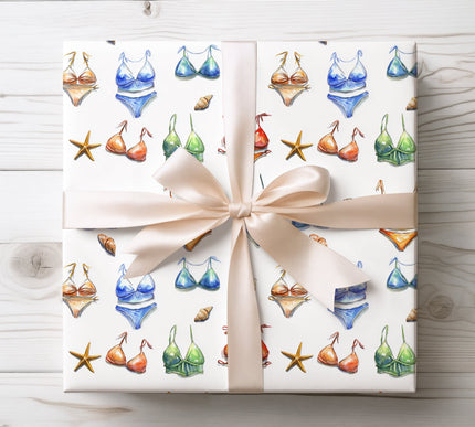 Bright and playful pattern featuring beach bikinis and seashells, ideal for summer-themed gift wrap. 