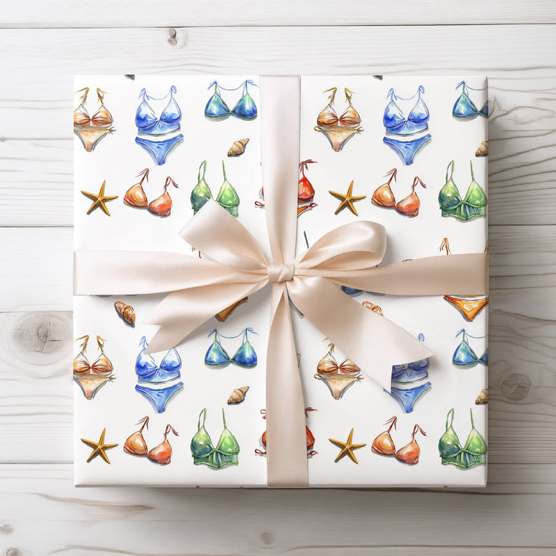 Shoreline Chic – Colorful Beach Bikinis and Seashells Wrapping Paper