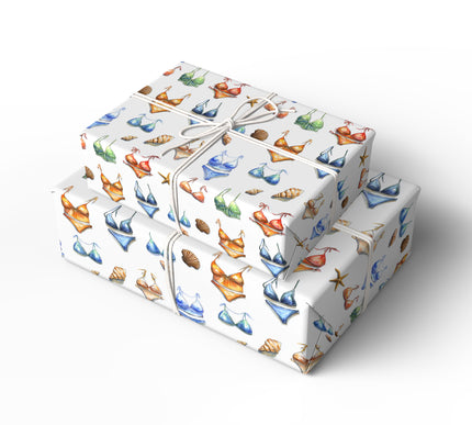 Shoreline Chic – Colorful Beach Bikinis and Seashells Wrapping Paper