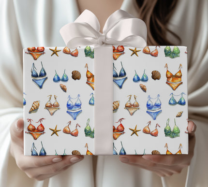 Shoreline Chic – Colorful Beach Bikinis and Seashells Wrapping Paper
