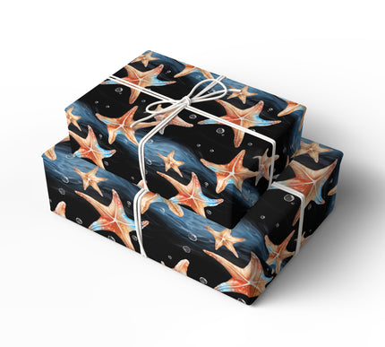 DeepTide – Watercolor Starfish on Black Ocean Wrapping Paper