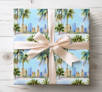 Dreamy tropical palm trees and cityscape blend for a unique and stylish gift wrap design. 
