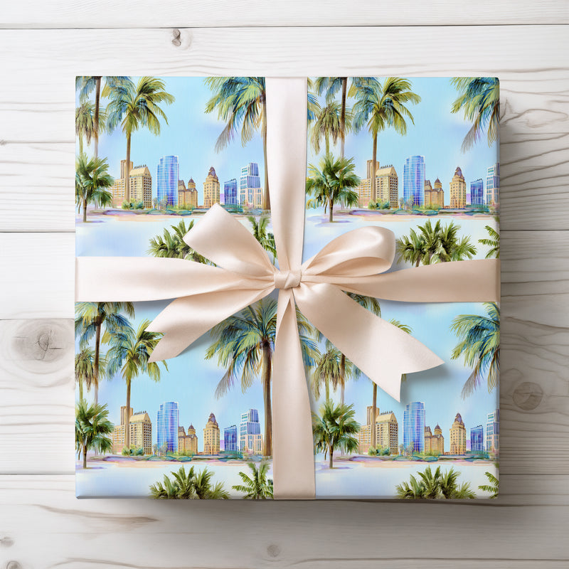 PalmGleam – Tropical palm trees with cityscape under a dreamy sky Wrapping Paper