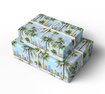 PalmGleam – Tropical palm trees with cityscape under a dreamy sky Wrapping Paper