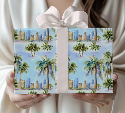 PalmGleam – Tropical palm trees with cityscape under a dreamy sky Wrapping Paper