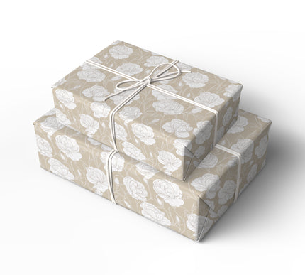 Wrap with sophistication using TaupeRose, a white rose floral wrapping paper on a taupe background. Perfect for weddings, anniversaries, and elegant occasions. A timeless design that adds grace to every gift. 