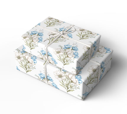 Glimmerpetal Waltz – Delicate white and blue blooming flowers with crystals wrapping paper