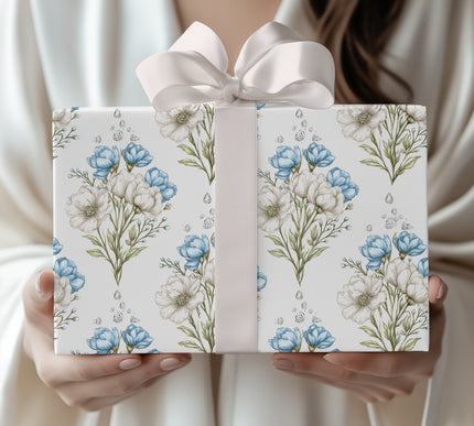 Glimmerpetal Waltz – Delicate white and blue blooming flowers with crystals wrapping paper