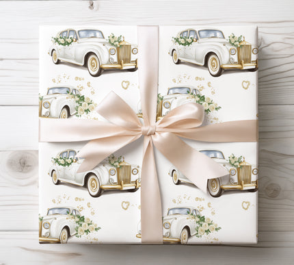 Elegant vintage wedding car adorned with roses and gold details, ideal for wedding and anniversary gifts. 