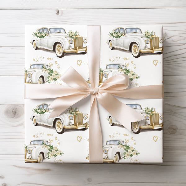 VowWheels – Classic Wedding Car with Roses and Gold Accents Wrapping Paper