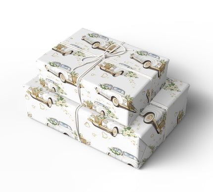 VowWheels – Classic Wedding Car with Roses and Gold Accents Wrapping Paper