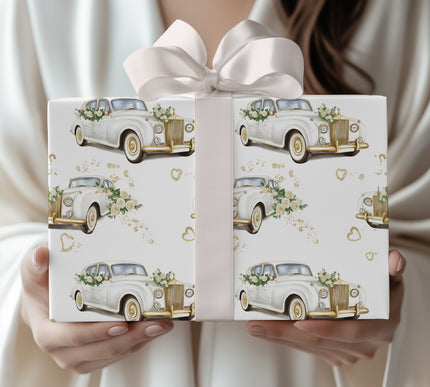 VowWheels – Classic Wedding Car with Roses and Gold Accents Wrapping Paper