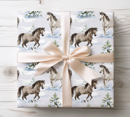 Majestic horse galloping through snowy pine forests, perfect for winter and nature-inspired gift wrapping. 