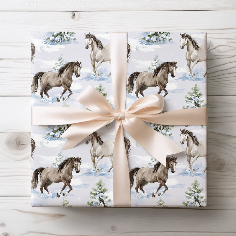 FrostGallop – Running Horse in Snow with Pine Trees Wrapping Paper
