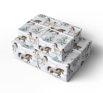 FrostGallop – Running Horse in Snow with Pine Trees Wrapping Paper