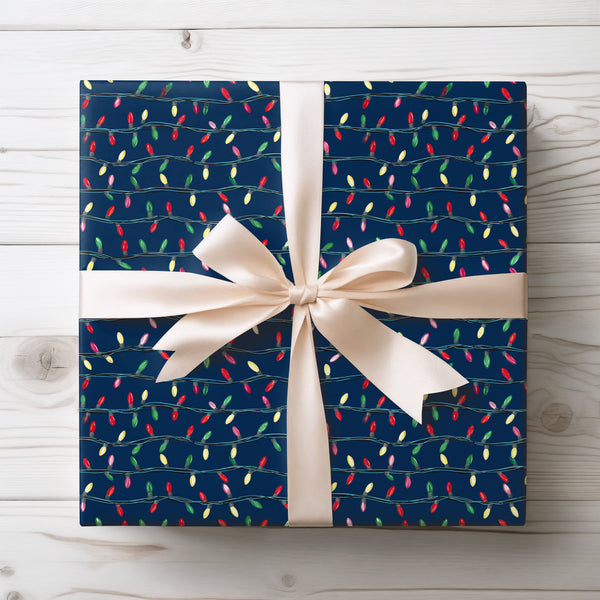 TwinkleTangle – Colorful Christmas Lights on Navy Blue Wrapping Paper