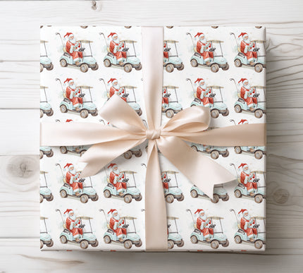 Santa cruising in a golf buggy loaded with presents, perfect for fun and unique holiday gift wrapping. 