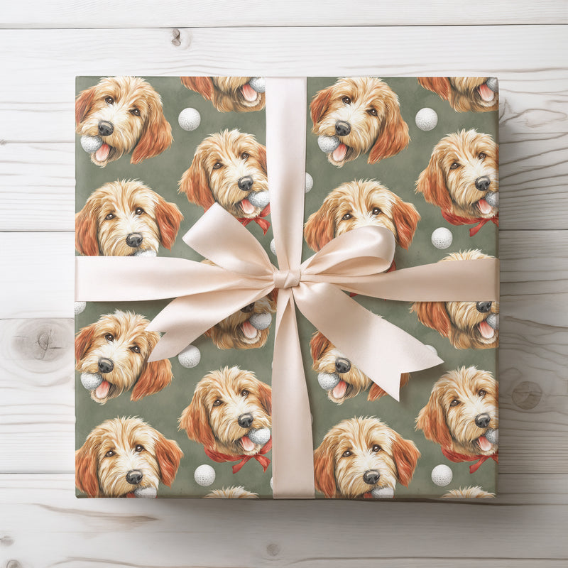 TailToss Joy – Goldendoodle Dog with Golf Ball Wrapping Paper