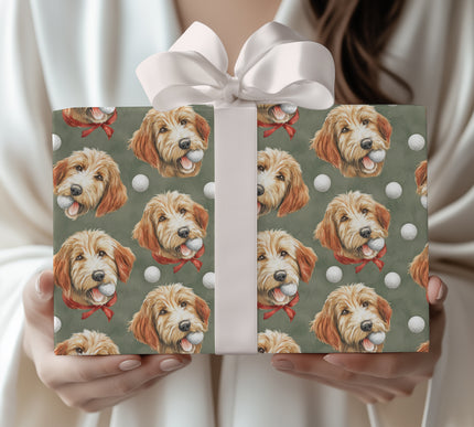 TailToss Joy – Goldendoodle Dog with Golf Ball Wrapping Paper