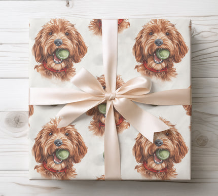 Happy golden retriever with a tennis ball, great for sporty pet lovers and playful gift wrap. 