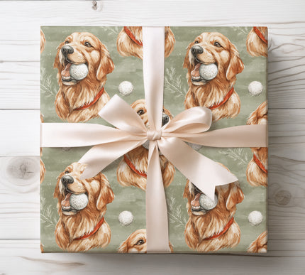 Playful golden retriever holding a golf ball, perfect for dog lovers and sporty gift wrapping. 