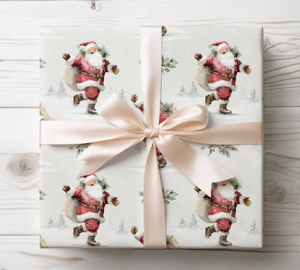 Cheerful Santa dancing with festive flair, creating a joyful and magical holiday wrapping experience. 