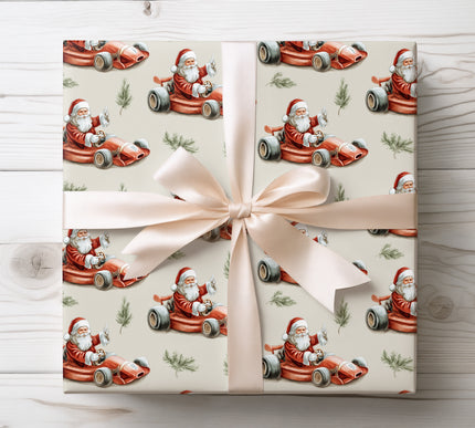 Dynamic Santa speeding in a bright red race car, perfect for energetic and festive holiday gift wrapping. 
