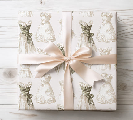 Delicate bridal dress motif with floral accents, perfect for wedding gift wrapping and bridal showers. 