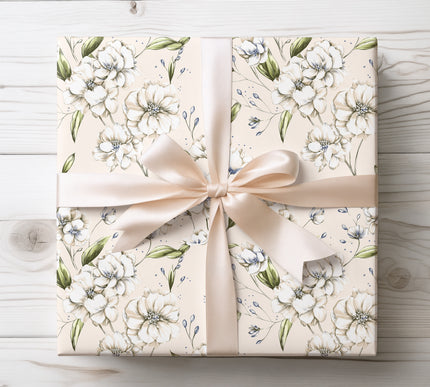 Elegant white floral pattern designed for wedding and special occasion gift wrapping. 