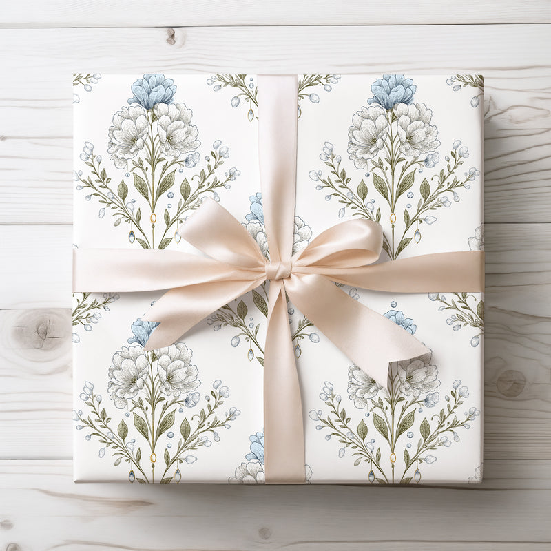Jewelstem Tapestry – Detailed vintage botanical flowers with hanging gems wrapping paper