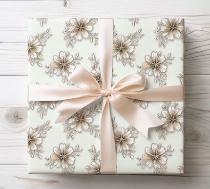 Hand-drawn creamy flowers with warm sepia tones over soft green, perfect for gentle and graceful gift wrapping. 