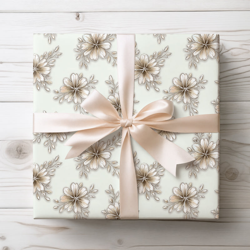 Latteblossom Grace – Creamy hand-drawn flowers with sepia tones on soft green wrapping paper
