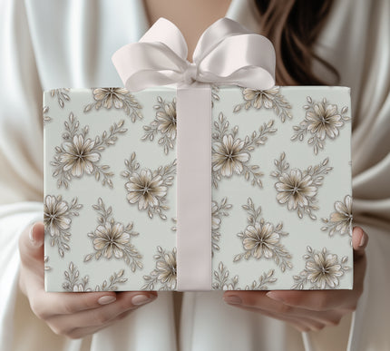 Latteblossom Grace – Creamy hand-drawn flowers with sepia tones on soft green wrapping paper
