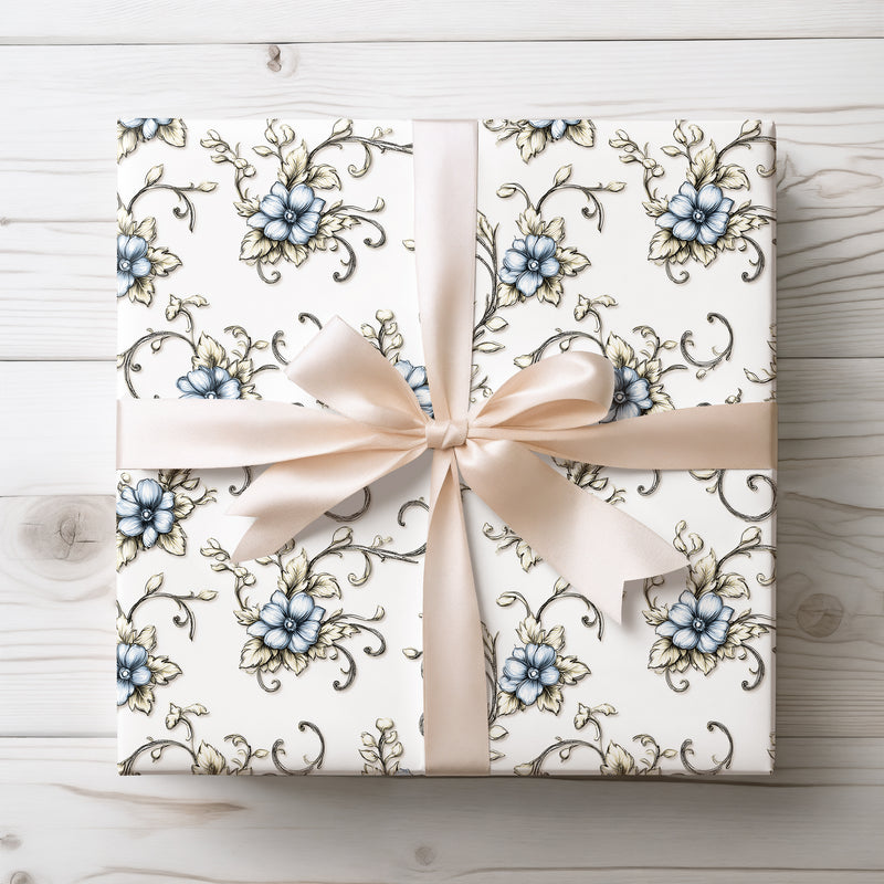 Frostbloom Elegy – Vintage blue and beige floral scroll pattern on white wrapping paper