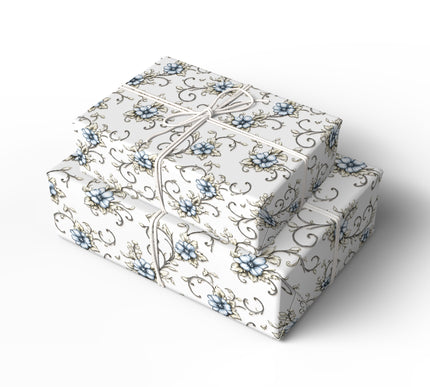 Frostbloom Elegy – Vintage blue and beige floral scroll pattern on white wrapping paper