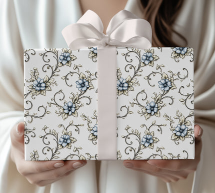 Frostbloom Elegy – Vintage blue and beige floral scroll pattern on white wrapping paper