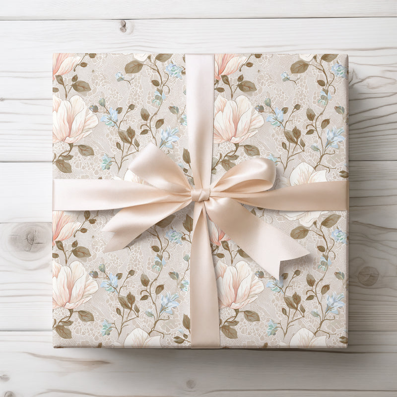 LacePetal – Romantic White and Peach Flowers over Vintage Lace Texture Wrapping Paper
